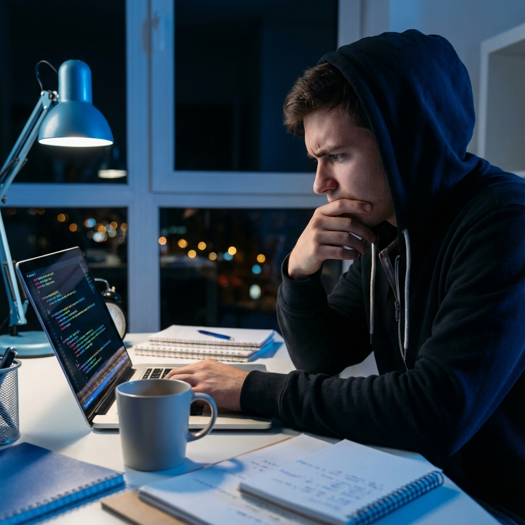 Confused student looking at laptop